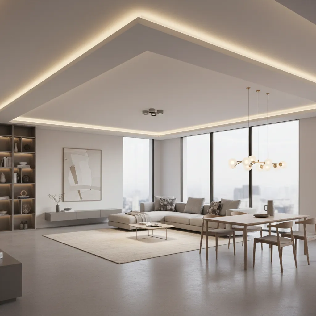 Ceiling lighting layout with cove lights and spotlights in L-shaped hall