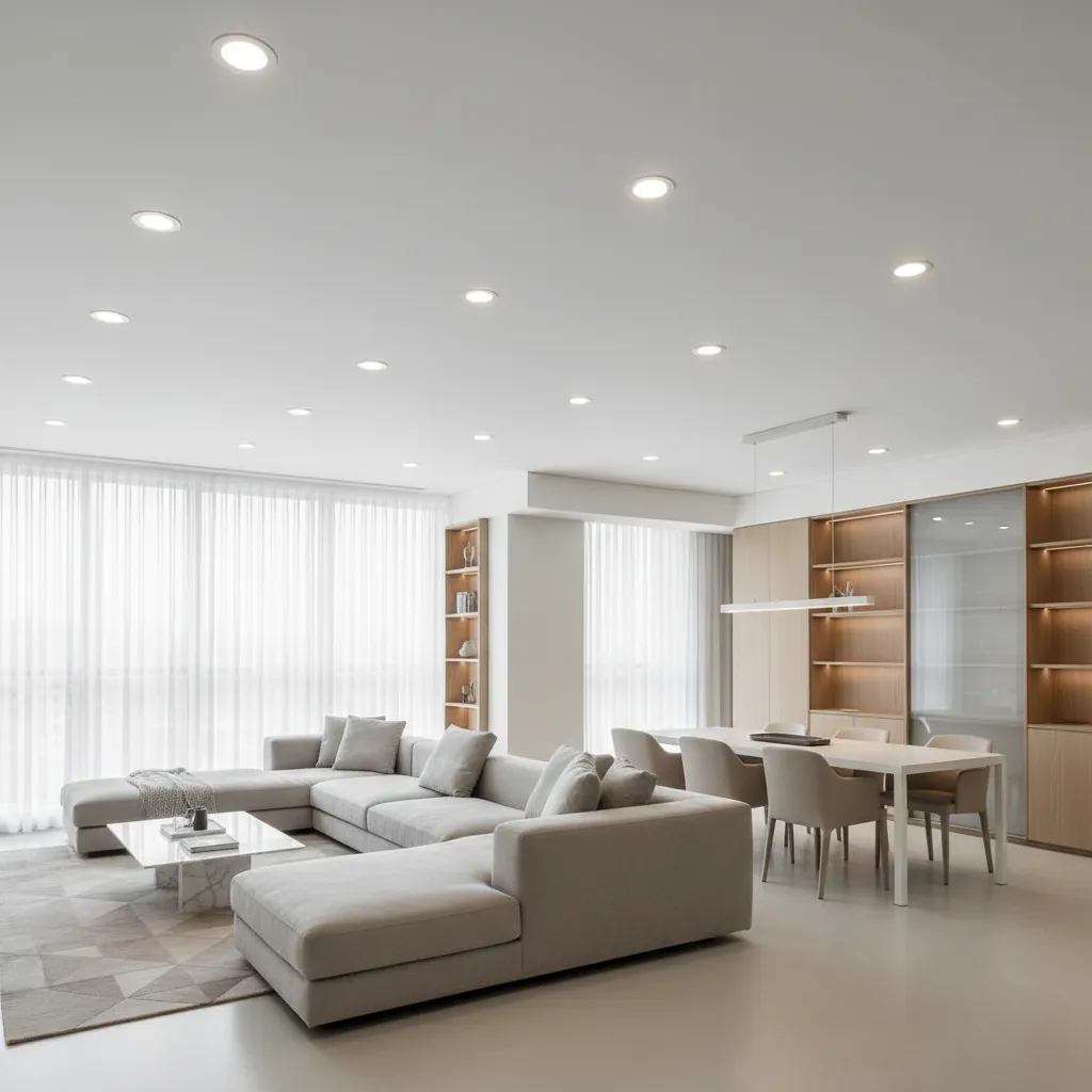 Contemporary L shaped living hall interior with simple gypsum ceiling and recessed lights