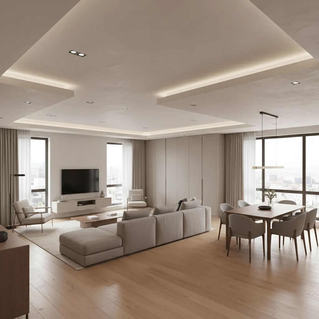 L-shaped hall ceiling divided into living and dining zones