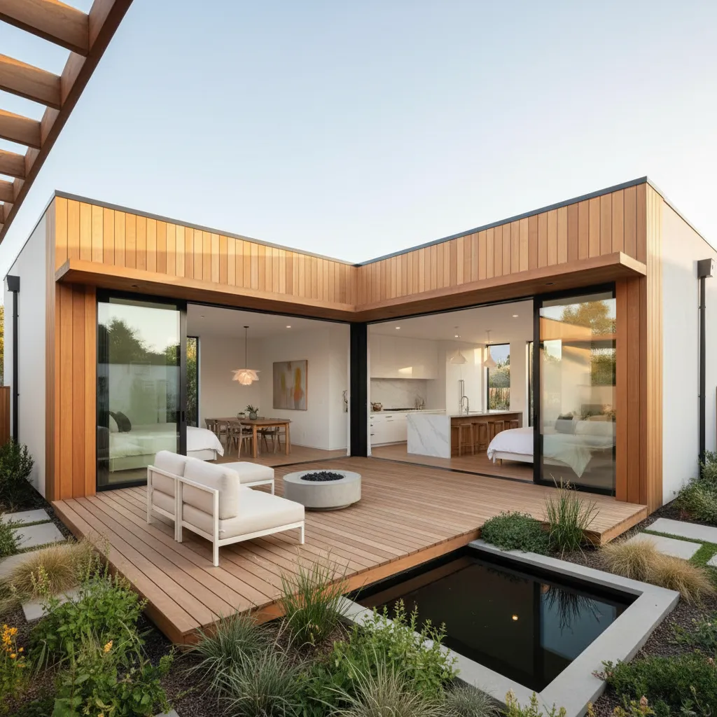 Patio interior rodeado por una casa pequeña en forma de L