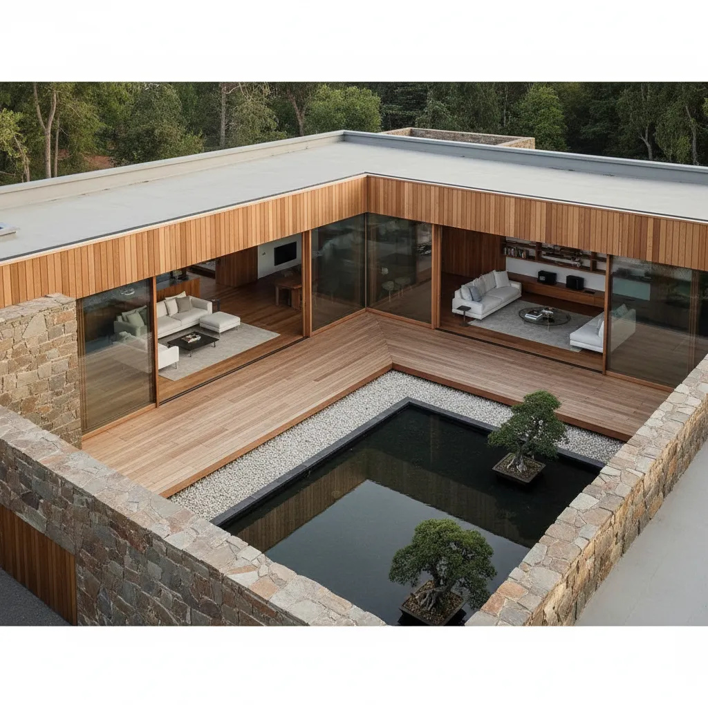 Plano arquitectónico y vista exterior de una casa en forma de L con patio