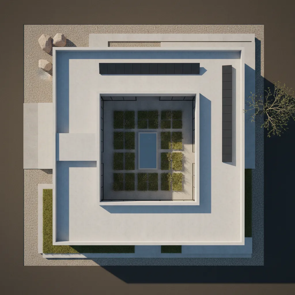 Top view of modern square house layout showing flat roof, central courtyard, and small pool