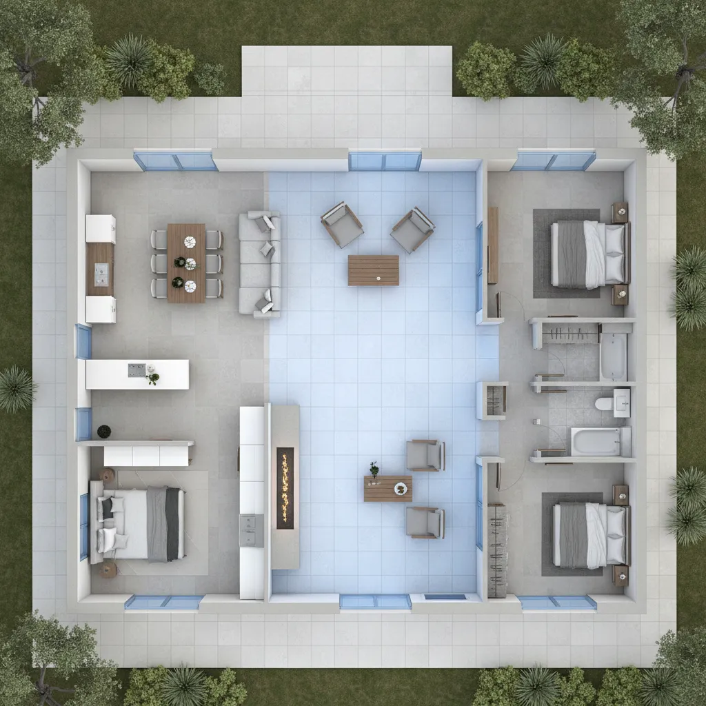 L shaped house floor plan forming a private courtyard patio