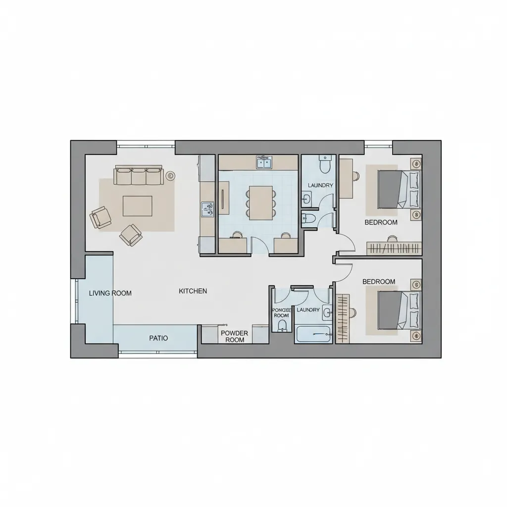 Plano arquitectónico de una casa pequeña con distribución en forma de L