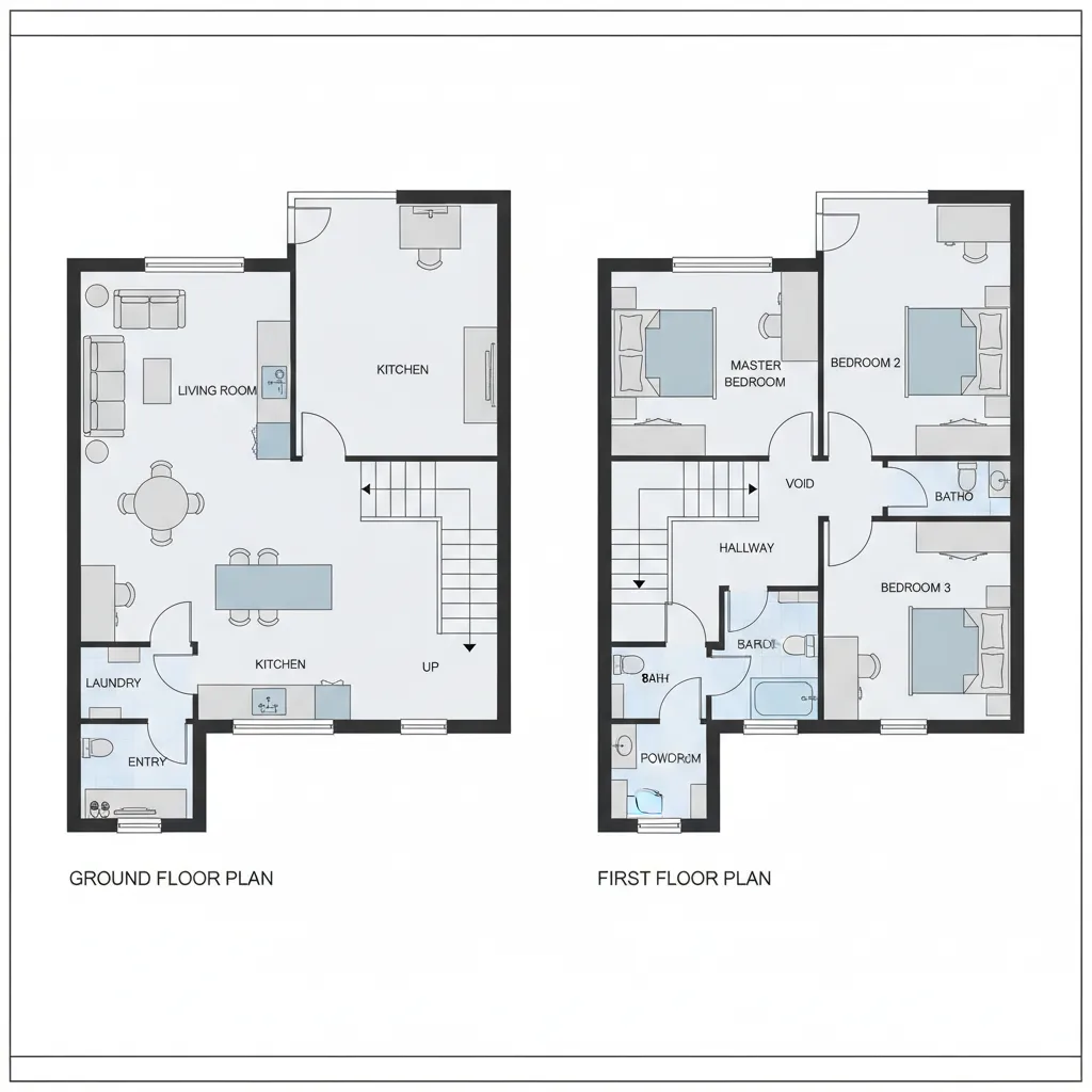 Sơ đồ mặt bằng nhà chữ L 2 tầng 80m2