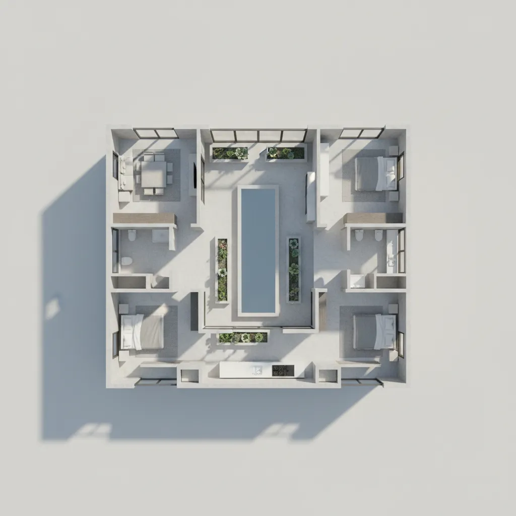 L shaped single story house floor plan surrounding a courtyard patio