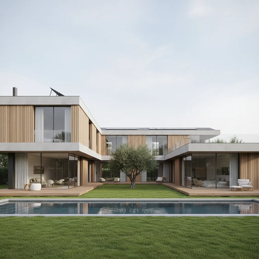 Modern L-shaped house with wood panels, glass walls, large swimming pool, lawn, and central tree