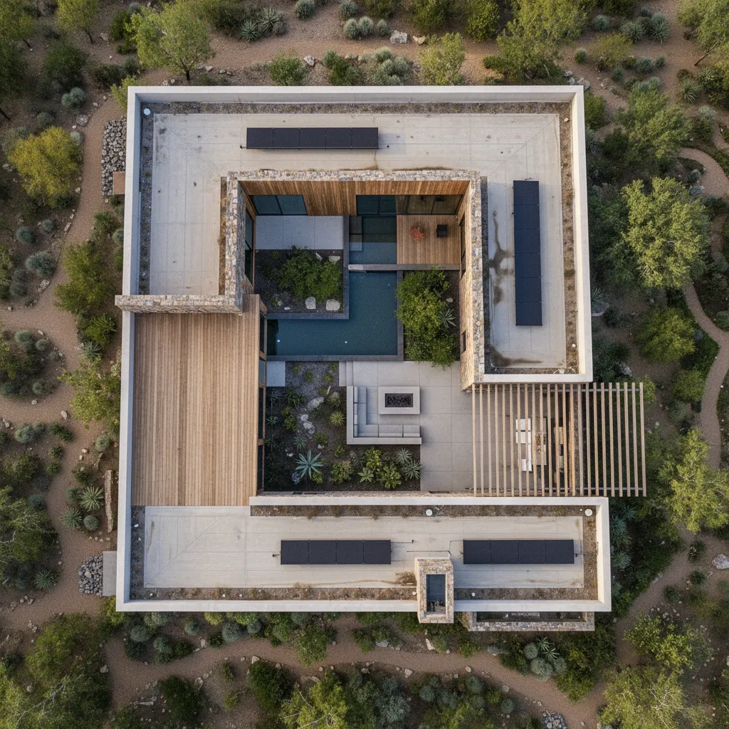 Casa de una planta con diseño en forma de L alrededor del jardín