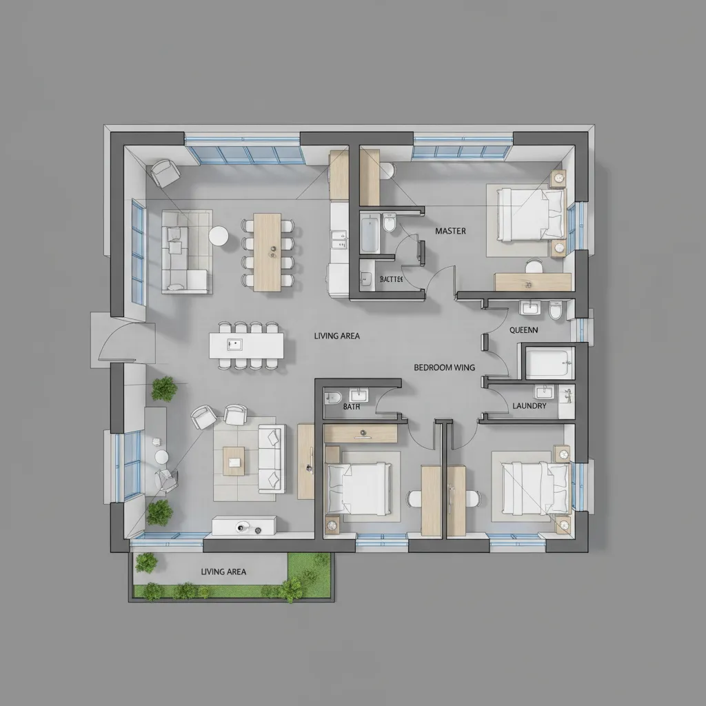 Distribución interior de casa en L separando zona social y dormitorios