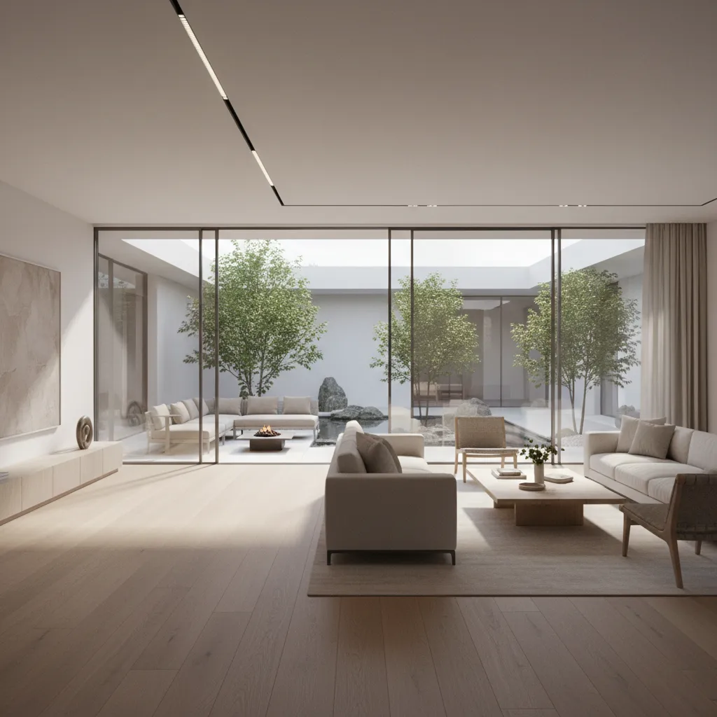 Salón moderno conectado al jardín en casa en forma de L