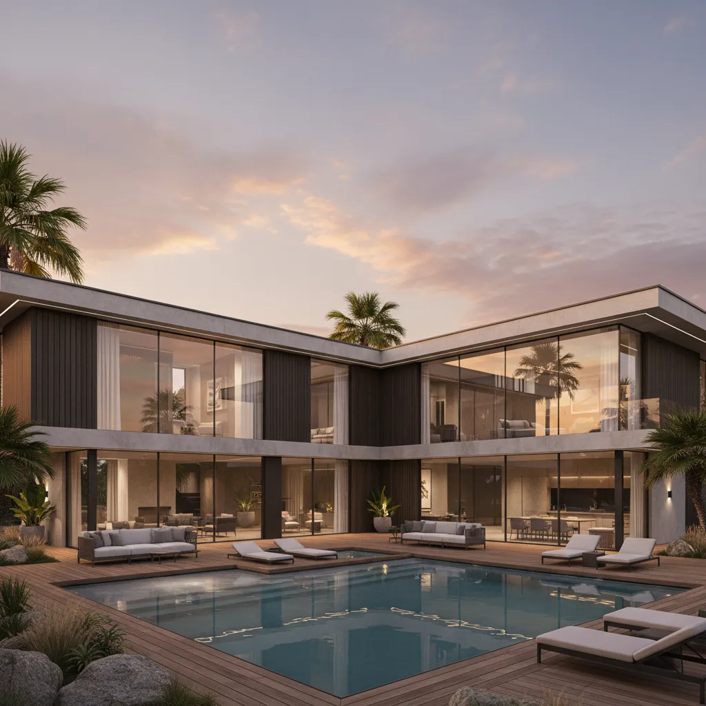 Double floor modern house with large windows and swimming pool under a beautiful sunset sky