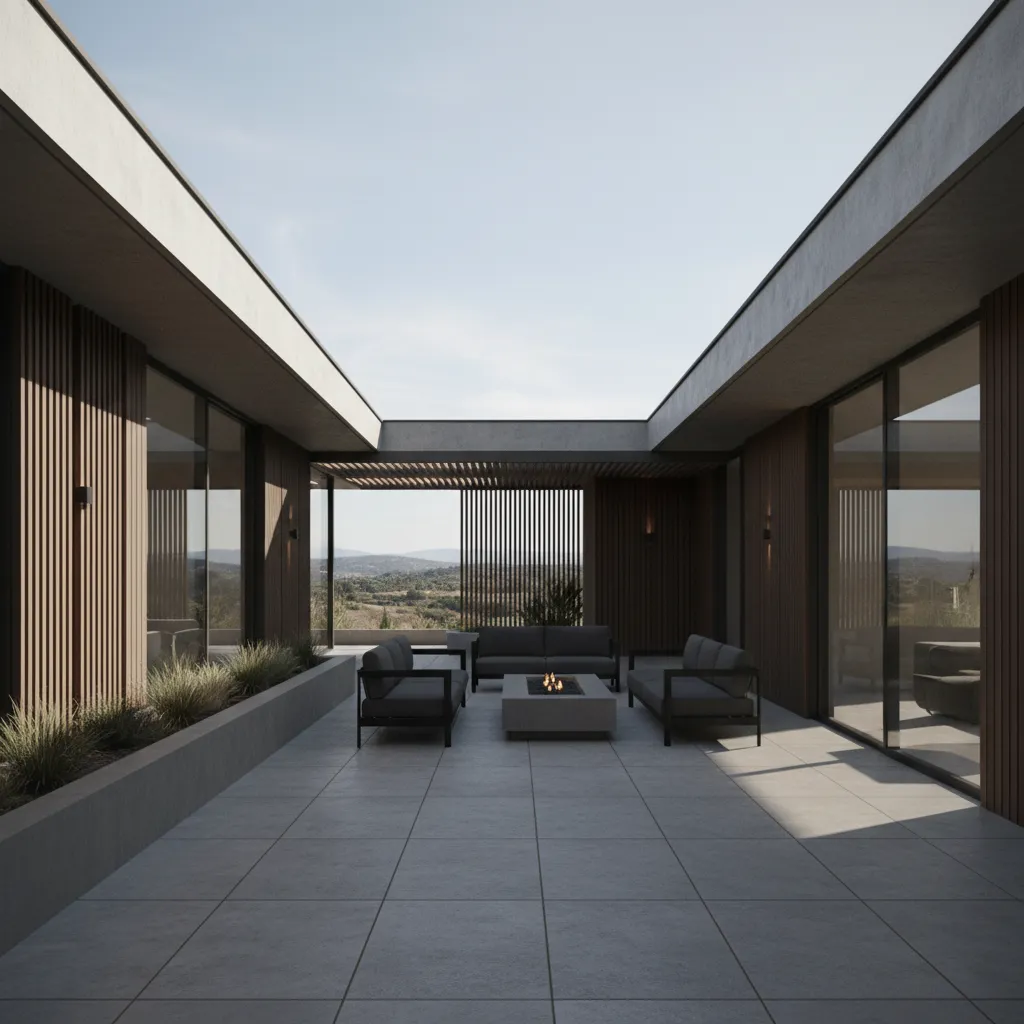 Outdoor patio with gray sofas, stone fire pit, tiled floor, wood wall panels, hill view