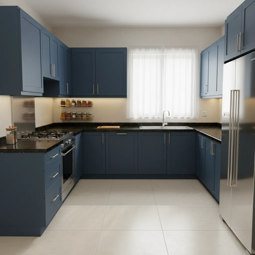 L shaped simple Indian kitchen layout with stove sink and storage cabinets