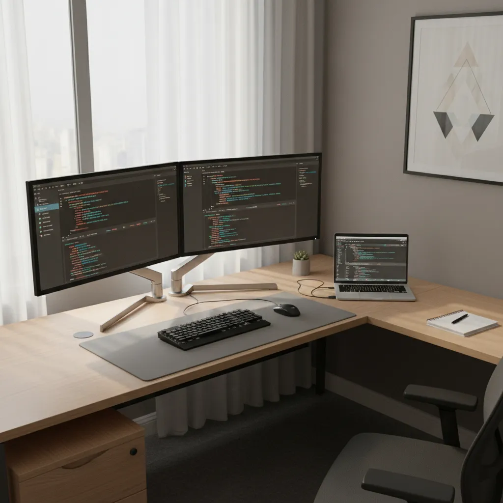L shaped desk layout for IT office cabin with dual monitor setup