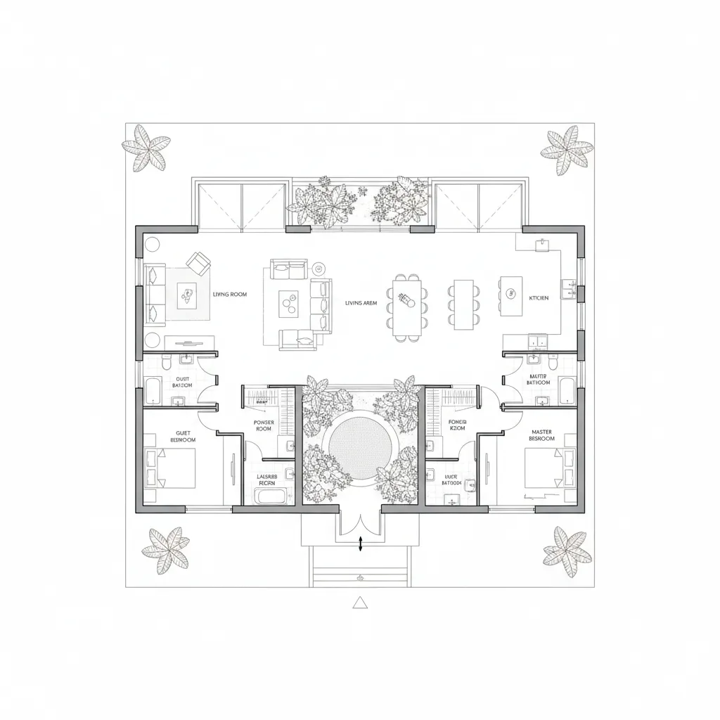 L shaped Jamaican house floor plan with courtyard outdoor space