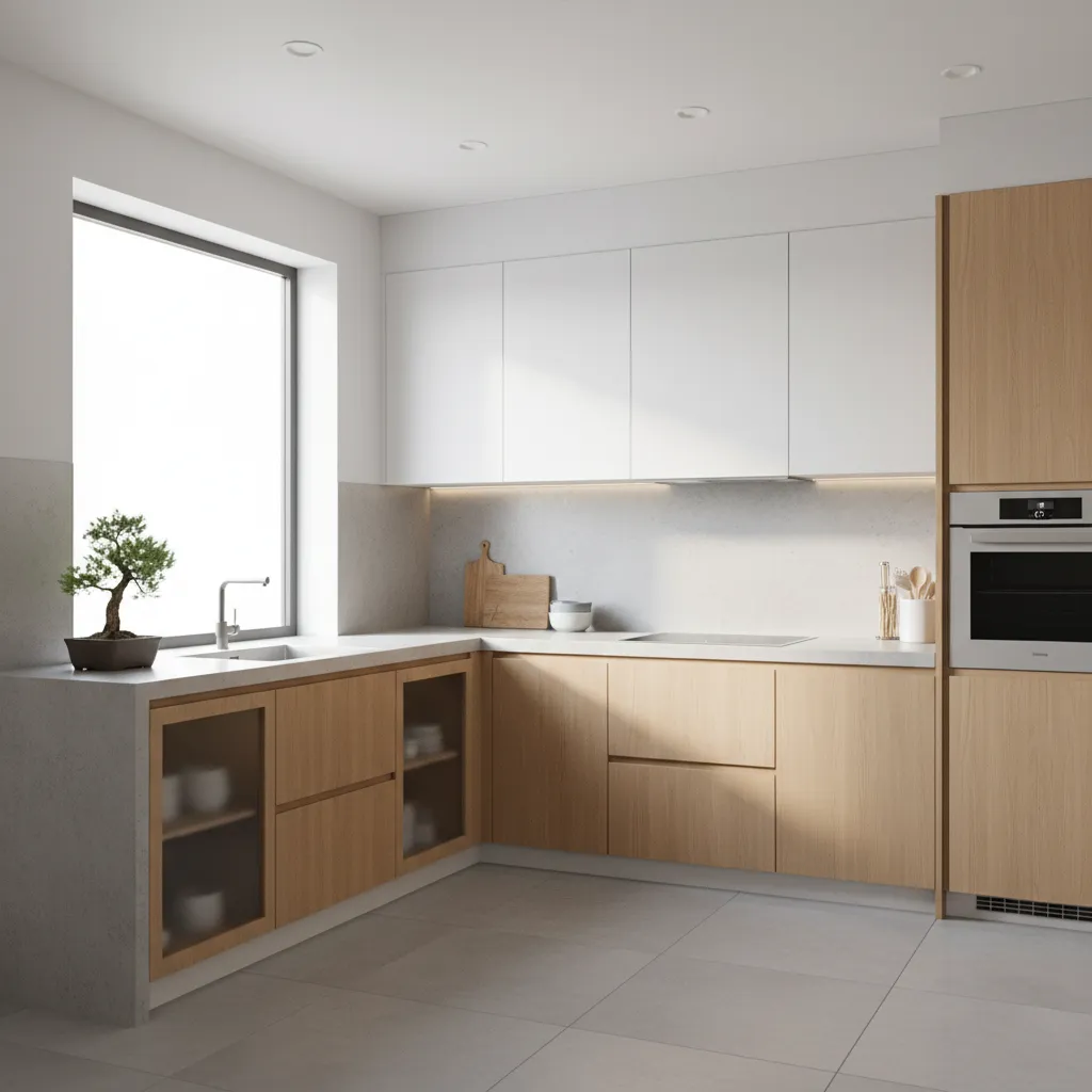 L shaped Japanese kitchen layout with corner cabinets and efficient workflow