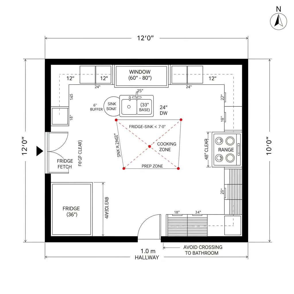 Top-down CAD plan of a 12 by 10 foot L-shaped kitchen with 48 inch lanes