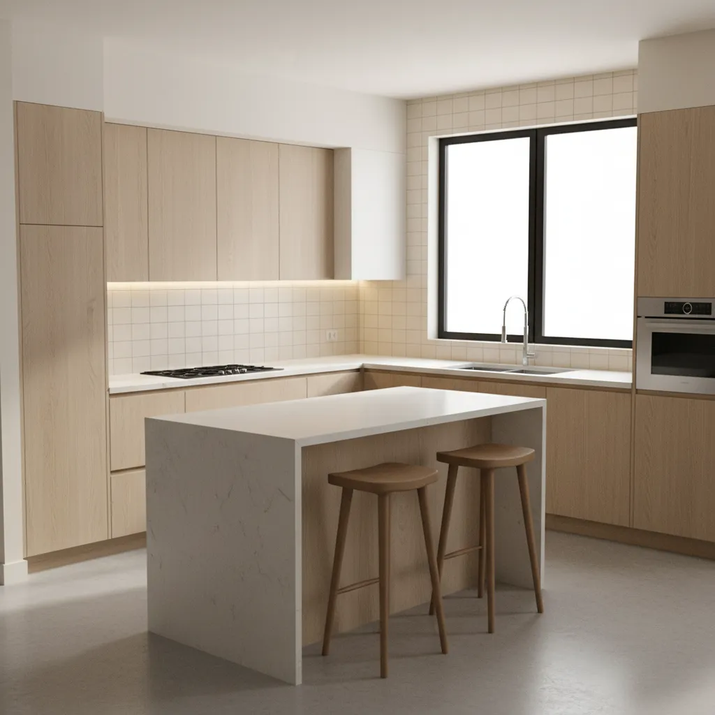 L shaped kitchen with backsplash tile along two connected walls