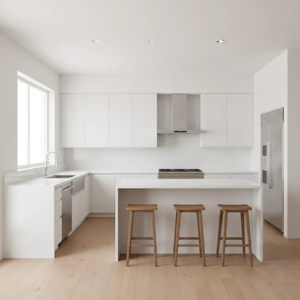 Modern white kitchen featuring island with three wooden stools and light wood floor near window