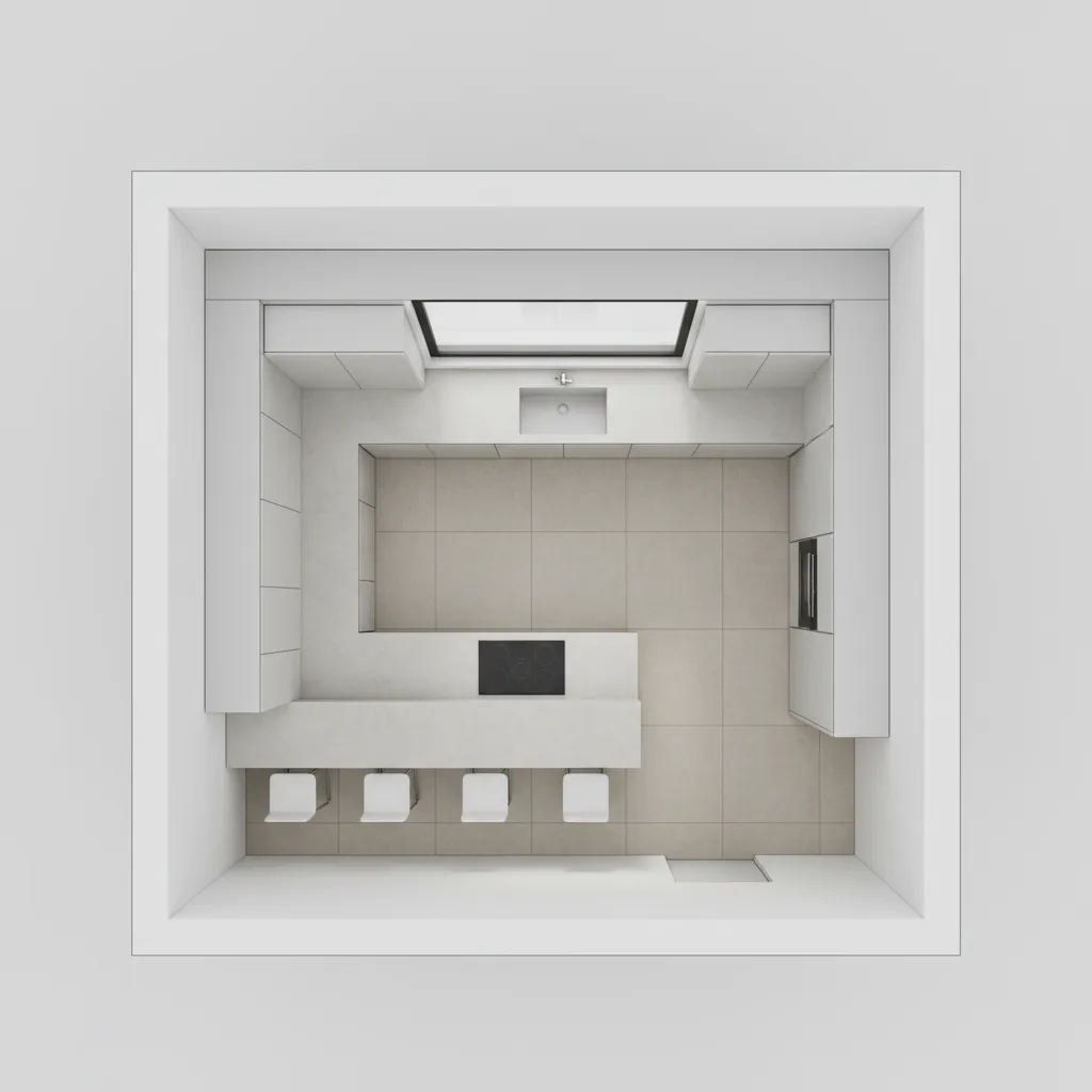 L shaped kitchen layout with breakfast bar showing circulation space