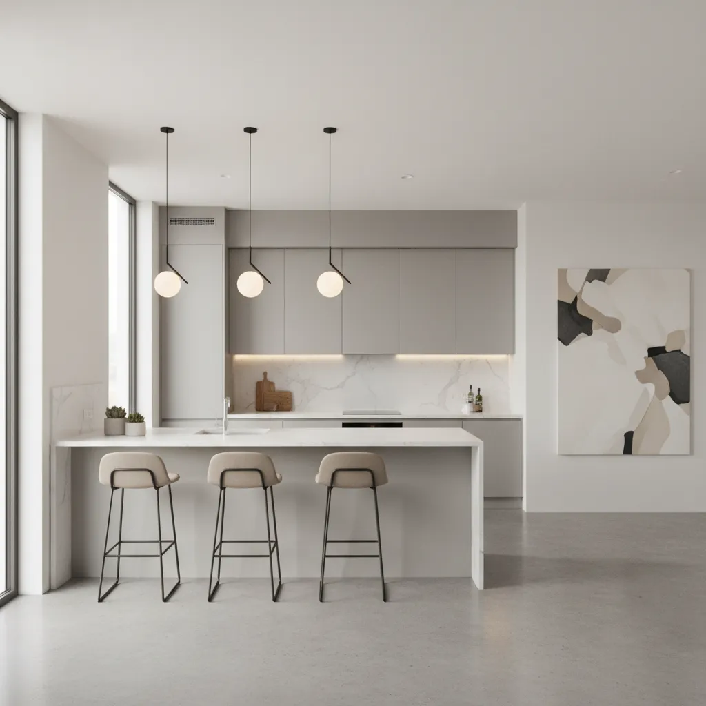 Open plan L shaped kitchen with breakfast bar and modern stools