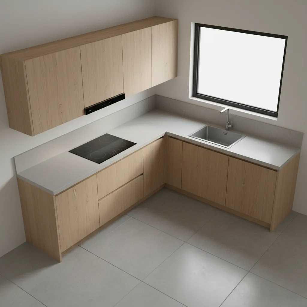 L shaped kitchen cabinet layout showing sink stove and prep zones