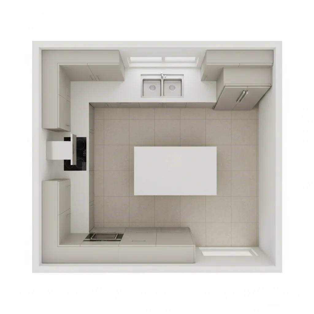 top view diagram style visualization of L shaped kitchen cabinet layout