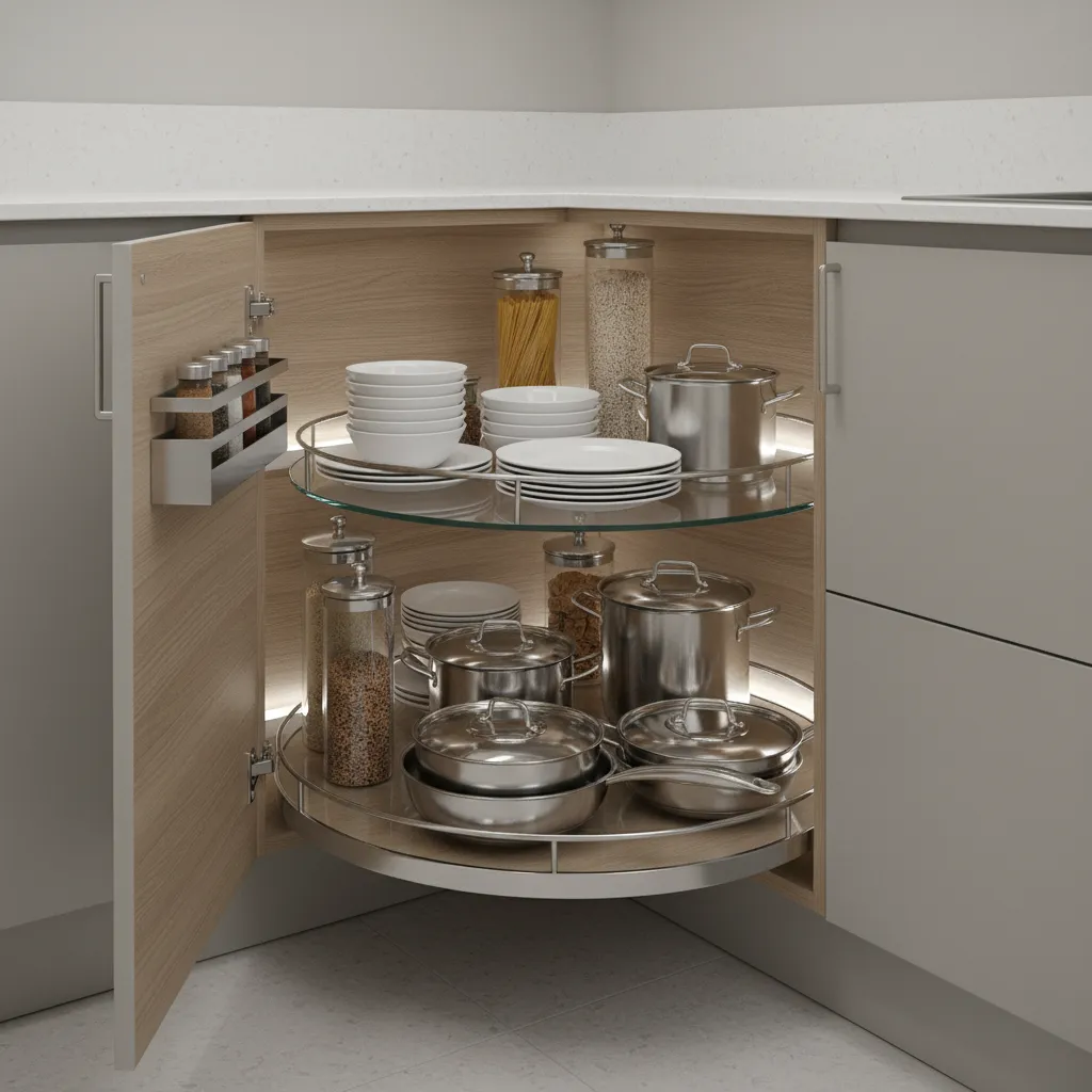 L shaped kitchen corner cabinet storage solution