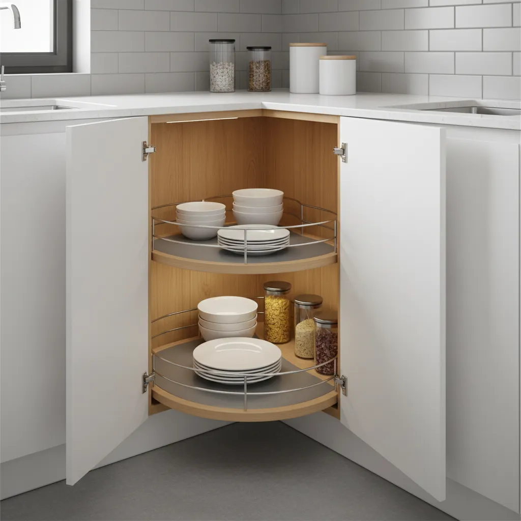 Corner cabinet storage solution in an L shaped kitchen with pull out shelves