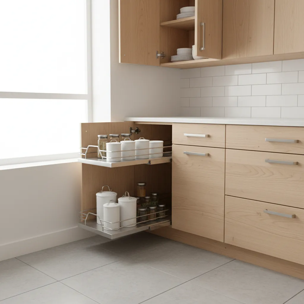 Kitchen corner cabinet with pull-out shelves holding white jars and spice containers next to window