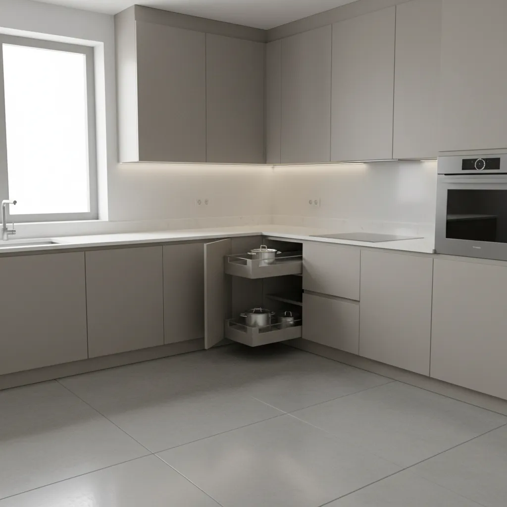 Modern grey kitchen layout with corner cabinet pullout storage, metal pots, sink, and built-in oven