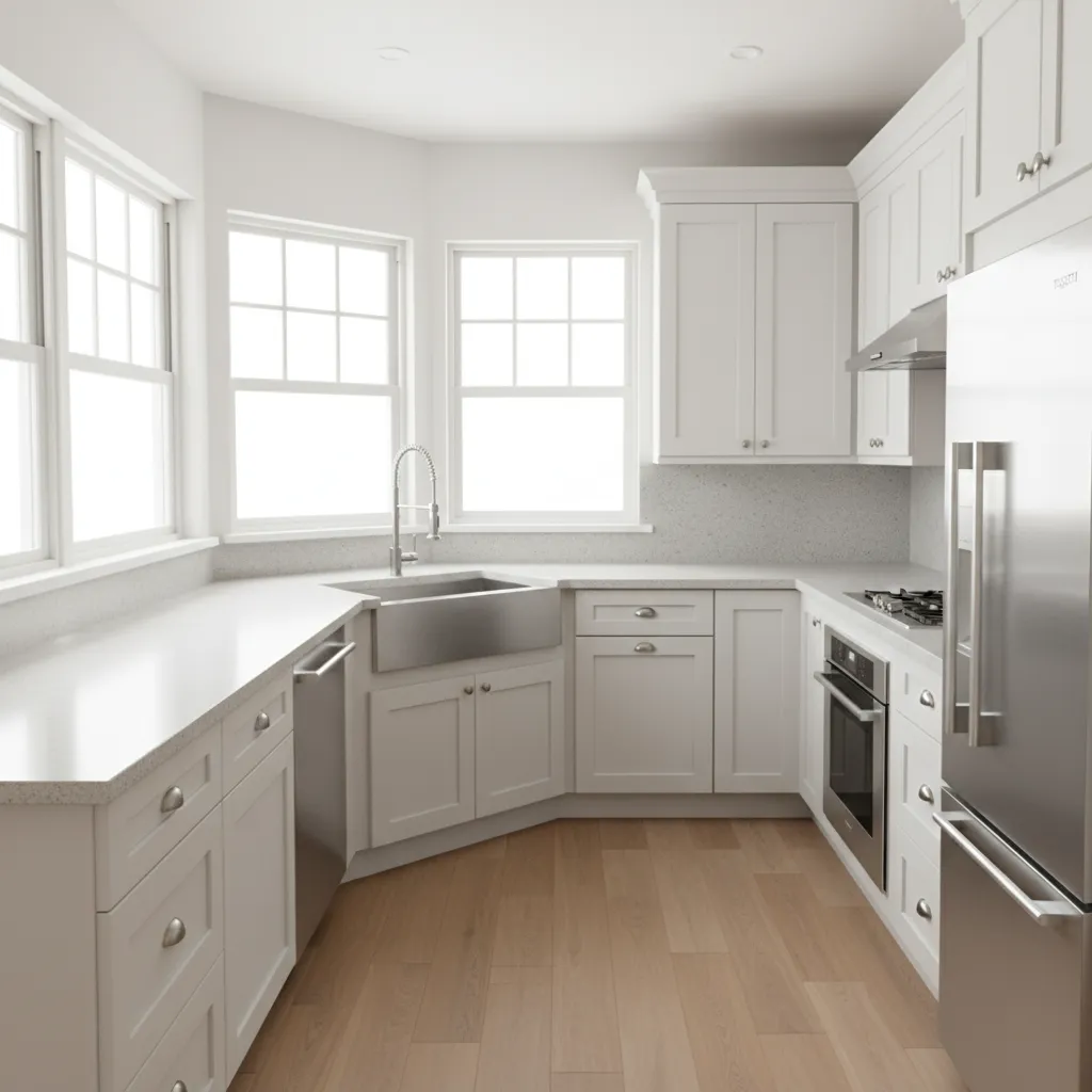 bright L shaped kitchen with corner sink and long countertop workspace