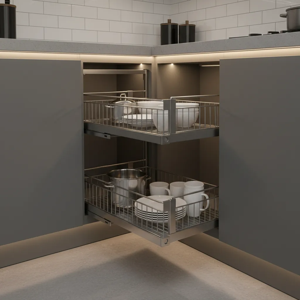 Corner cabinet with pull-out storage system in a small L shaped kitchen