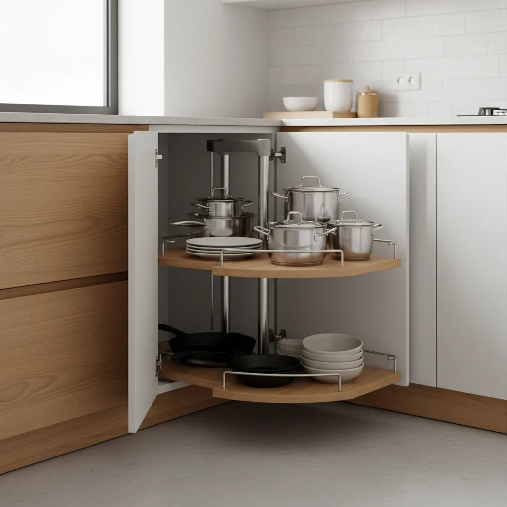 corner storage solution in small L shaped kitchen cabinet