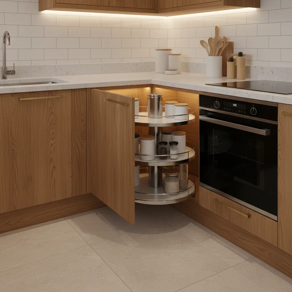 corner cabinet storage solution in L shaped kitchen
