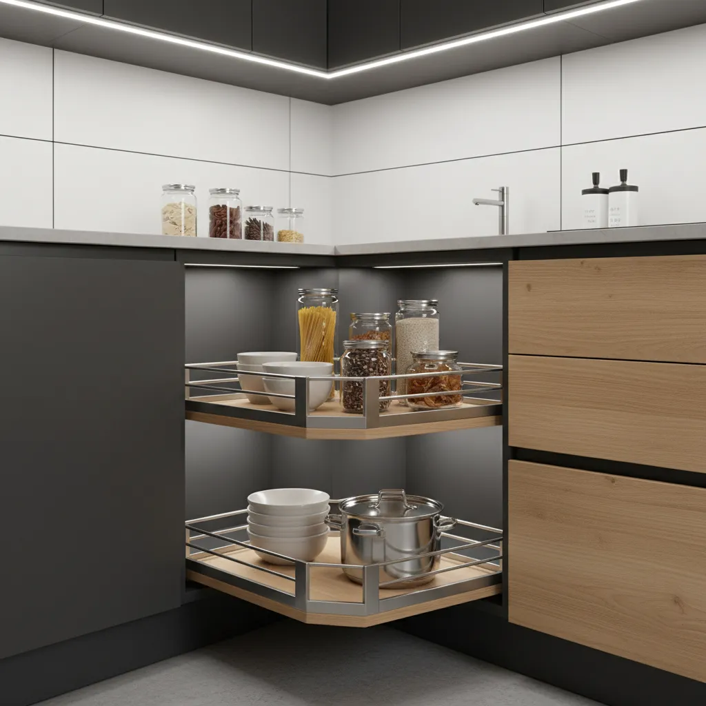Corner storage solution in L-shaped modular kitchen