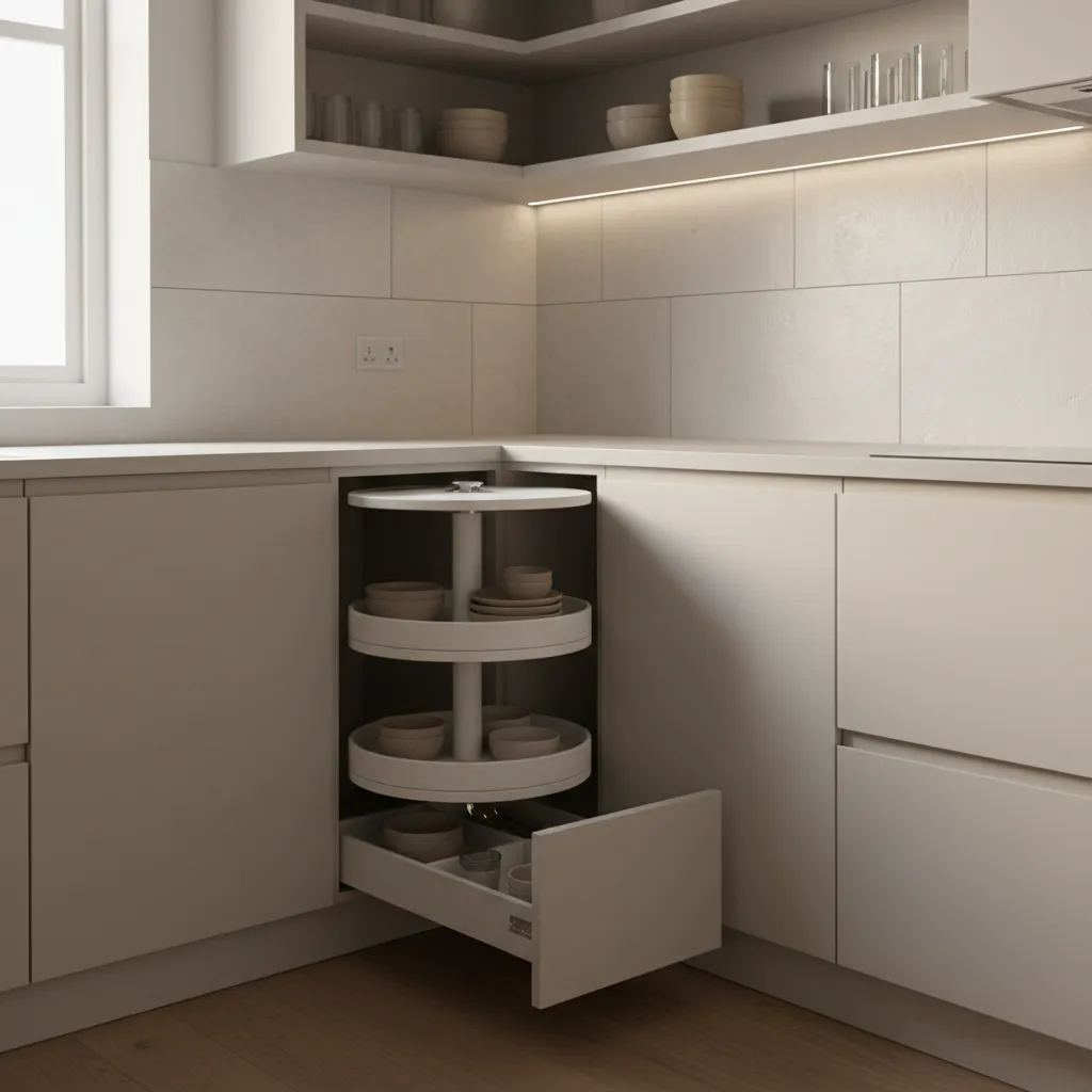 kitchen corner cabinet solution in small L shaped kitchen with rotating shelves