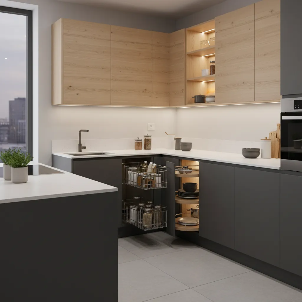 modern kitchen corner cabinet with pull out storage system in L shaped kitchen