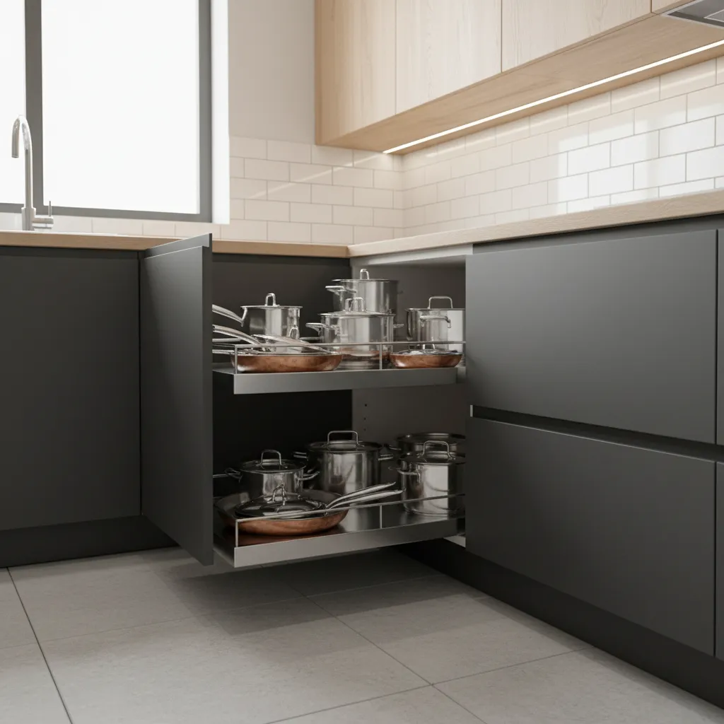 Corner kitchen cabinet with pull-out metal shelves storing stainless steel pots and pans under counter