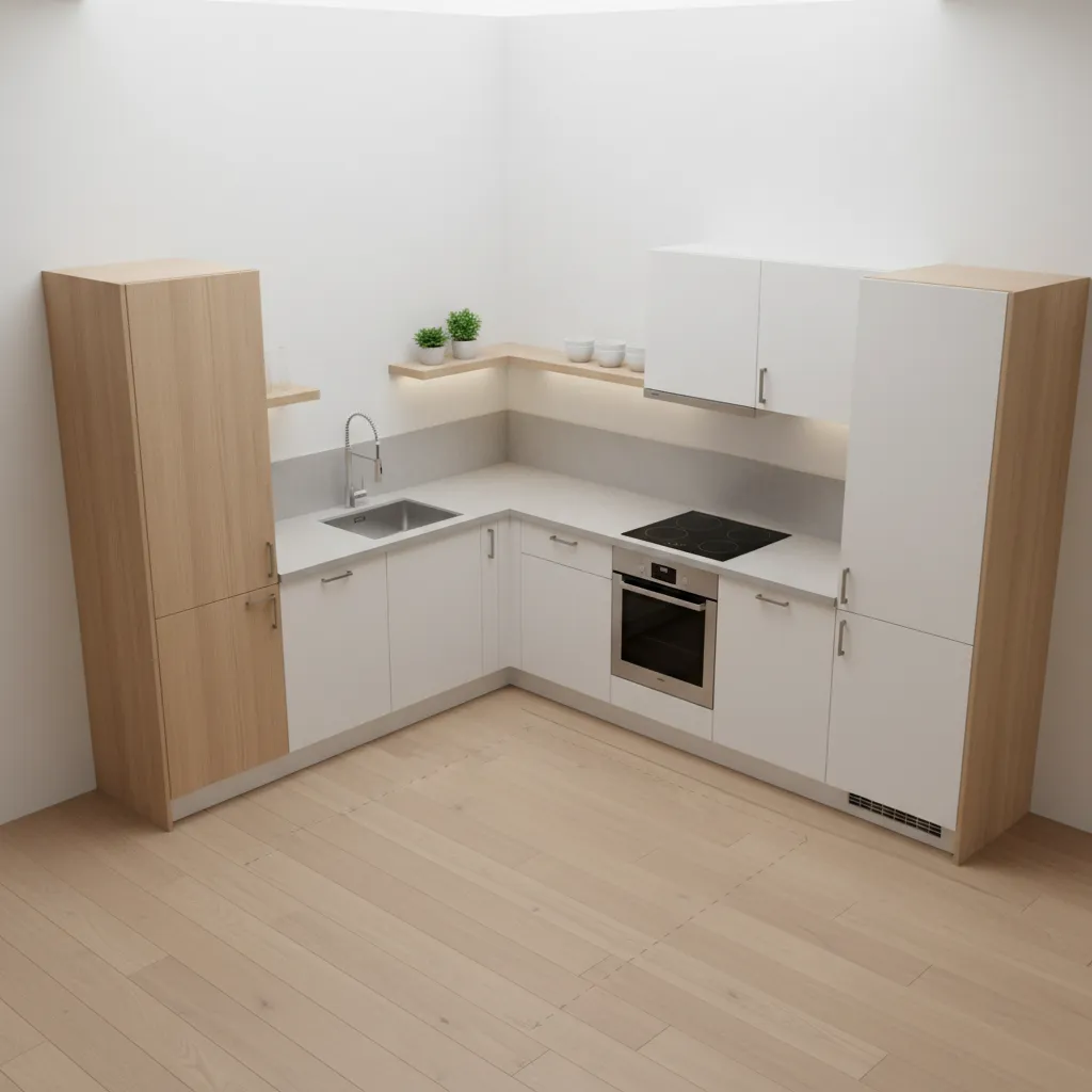 L-shaped kitchen layout with a corner tall pantry cabinet