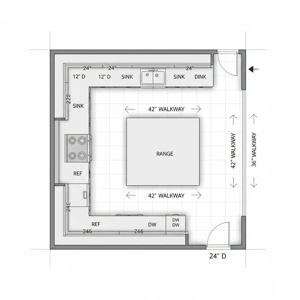 diagram showing L shaped kitchen dimensions and cabinet measurements