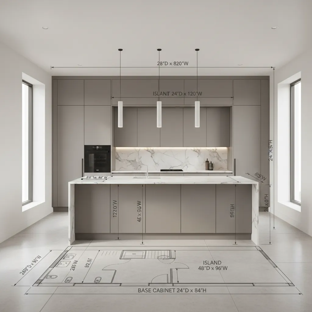 Modern kitchen interior design drawing with gray cabinets marble island and floor plan showing dimensions