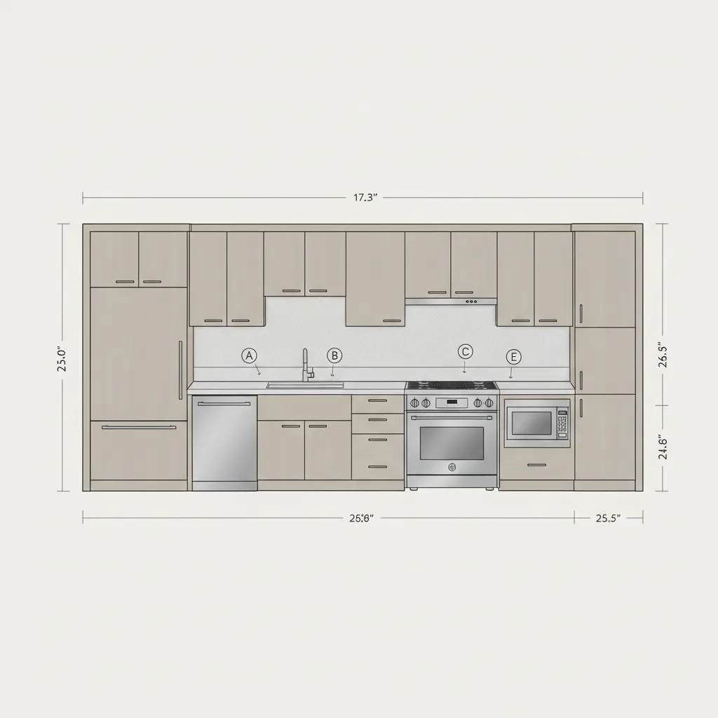 Kitchen interior design drawing showing cabinets with oven sink and microwave plus some wall dimensions