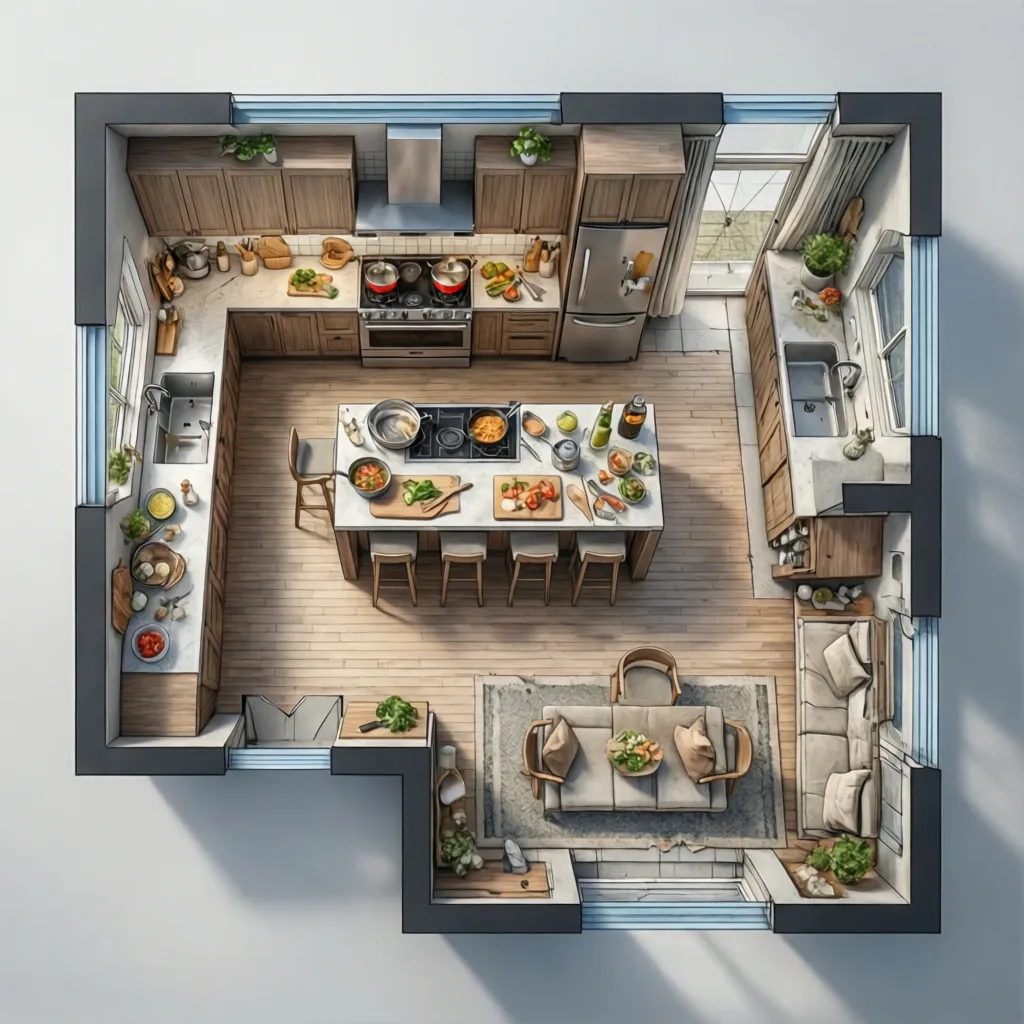 l shaped kitchen floor plan with island showing prep cook and seating zones