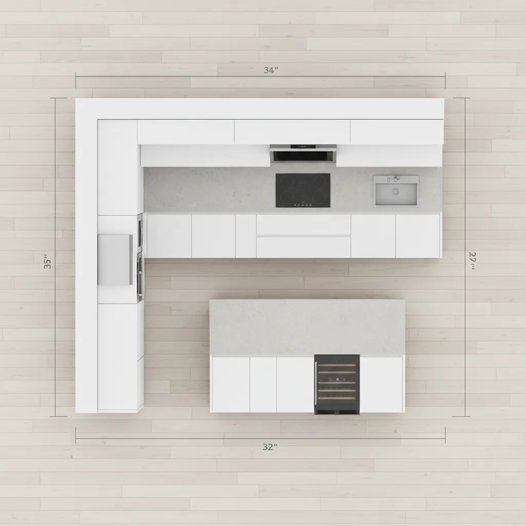 top view layout of L-shaped kitchen showing island clearance spacing
