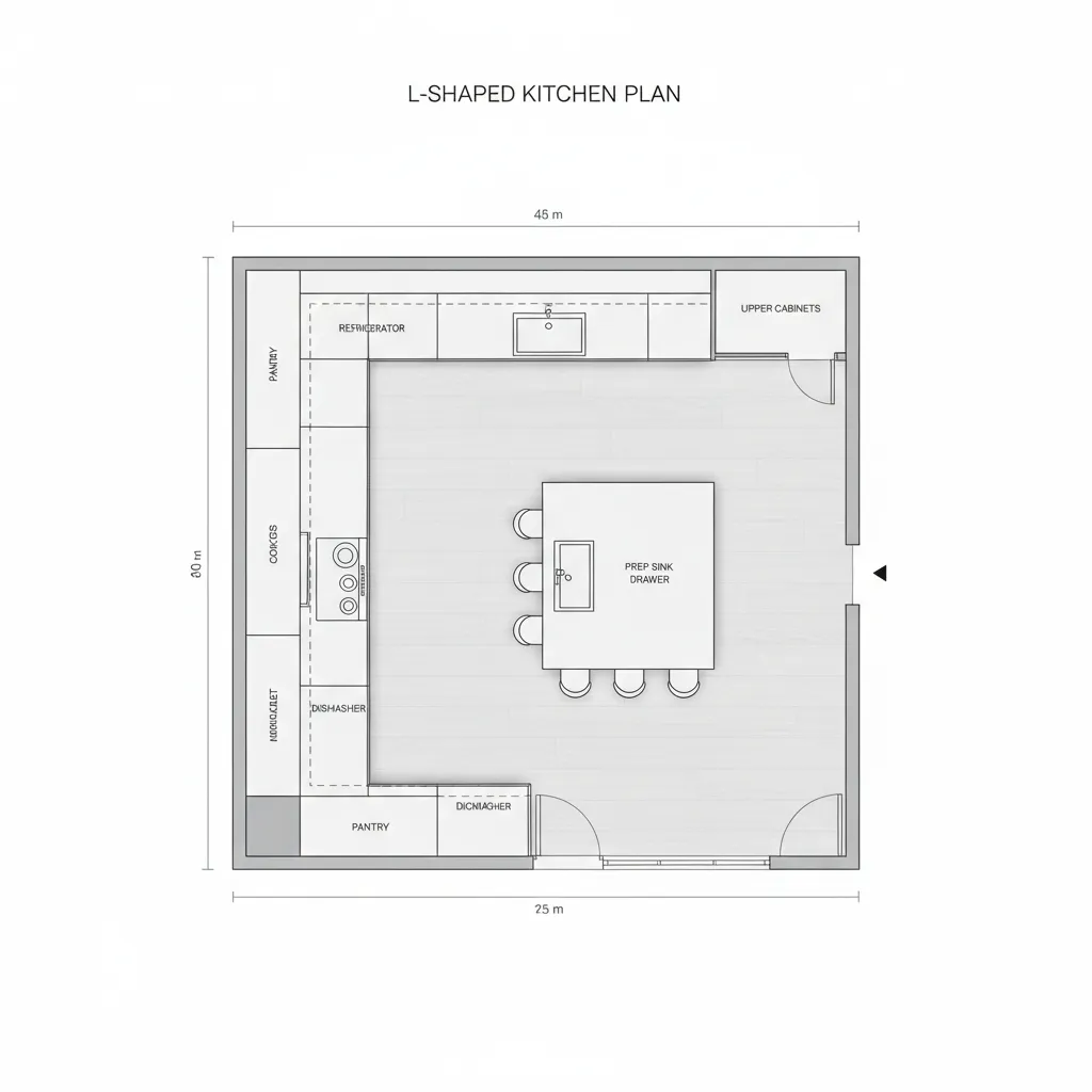 kitchen layout diagram showing clearance around island in l shaped kitchen