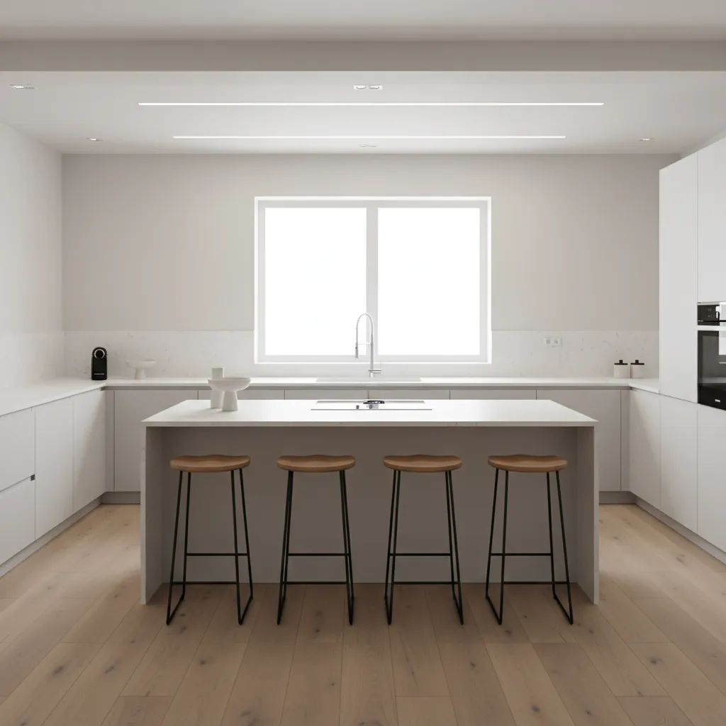 L shaped kitchen floor plan with central island and pantry area