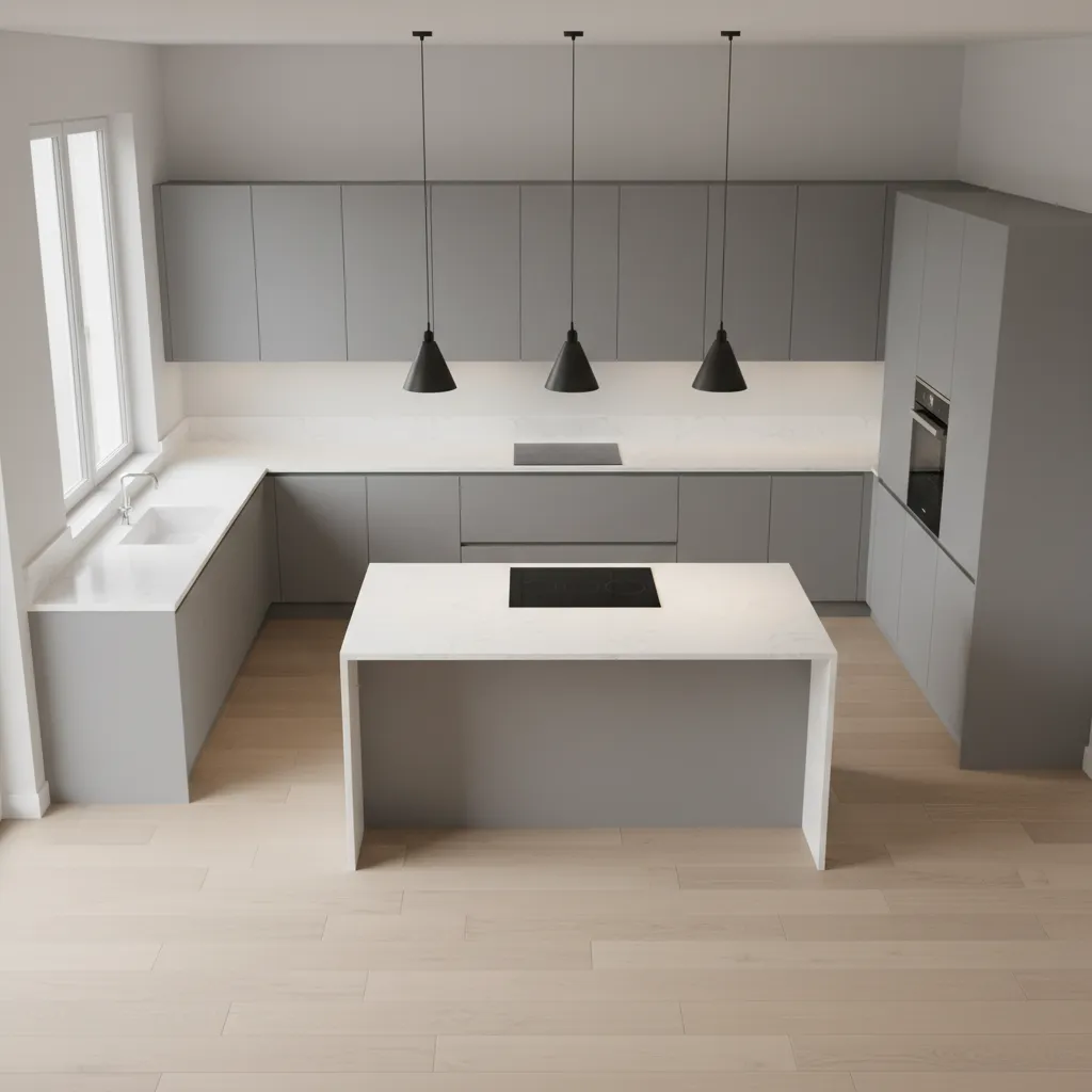 L shaped kitchen layout with island showing clear walking space