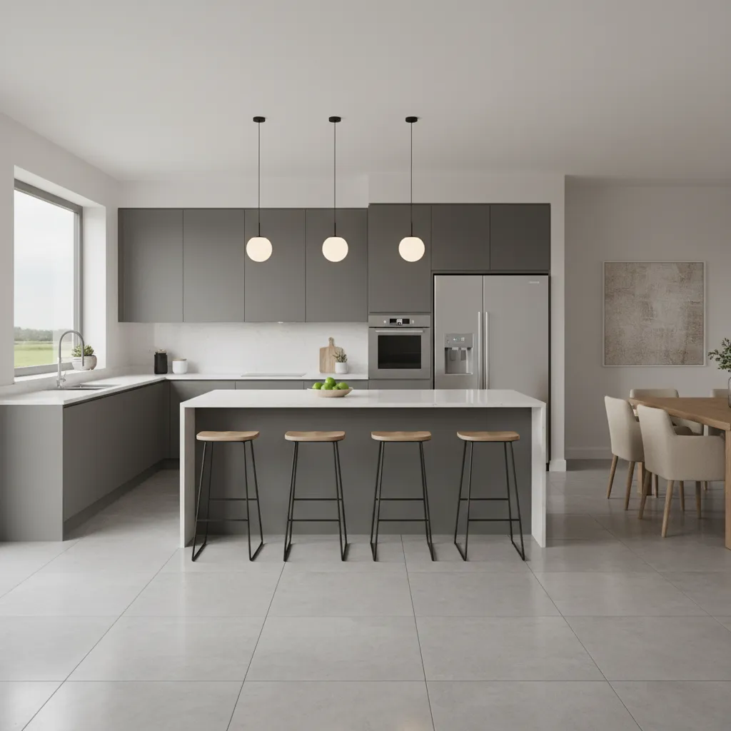 Open concept L-shaped kitchen with island and seating