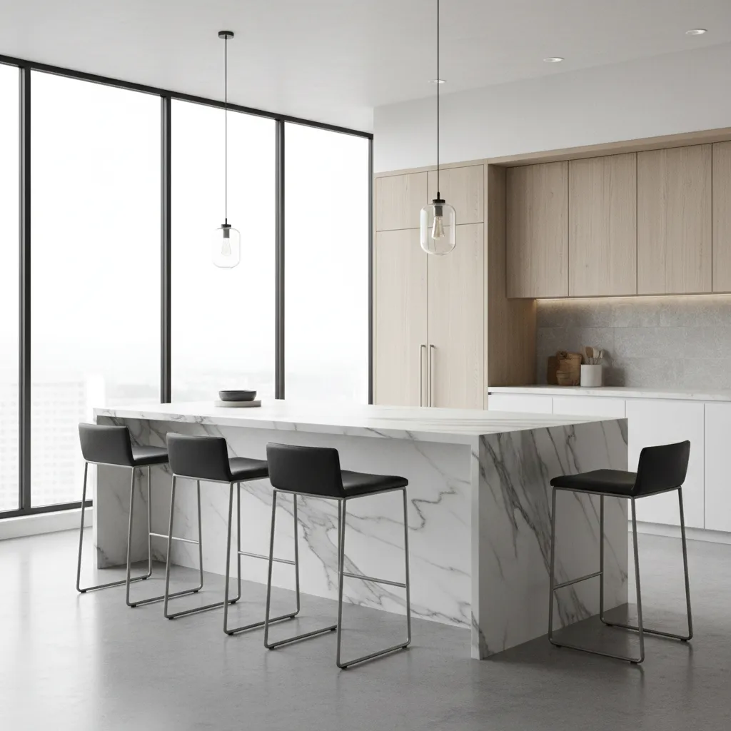 L shaped kitchen island with four seats wrapping around corner